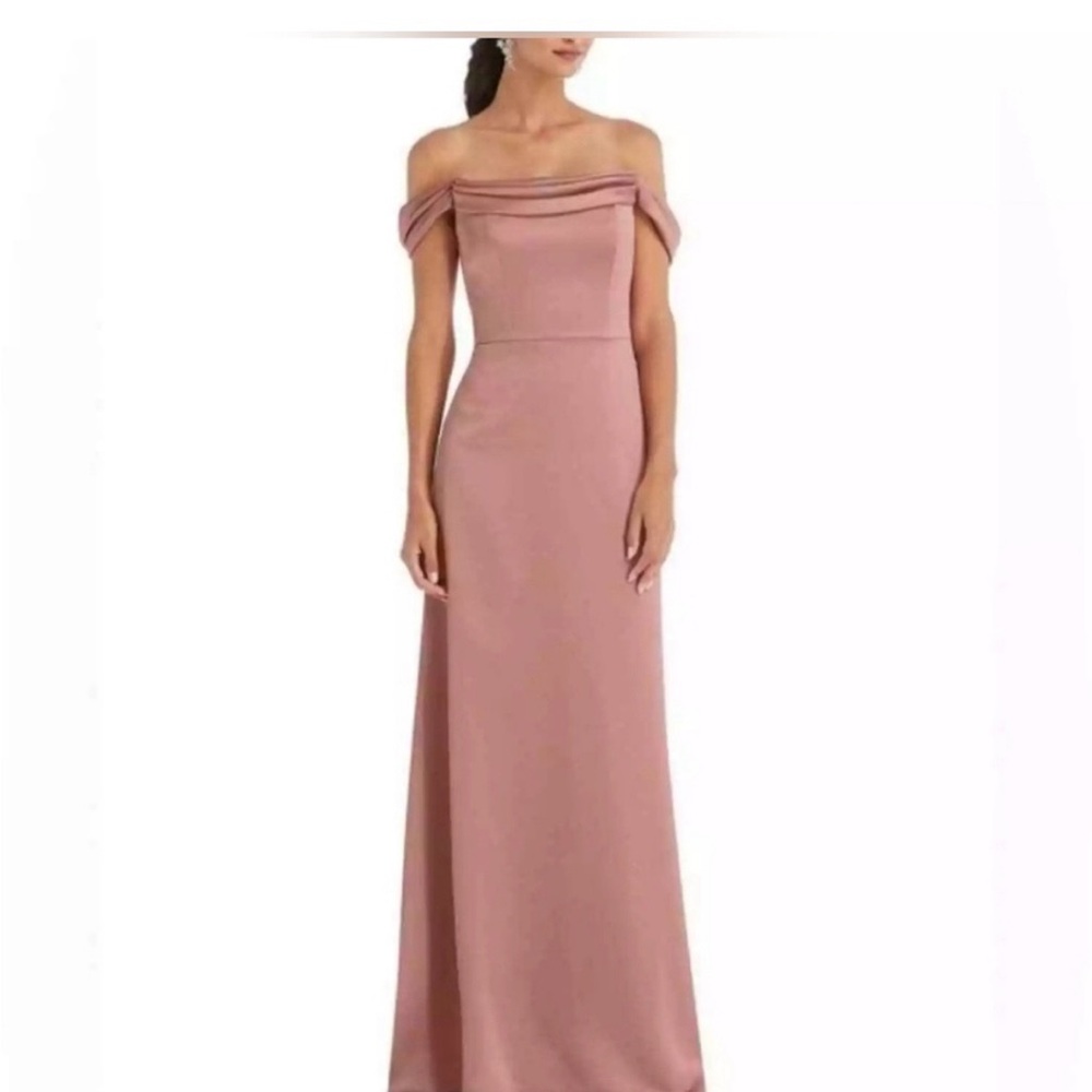Dessy Collection Off the Shoulder Draped Neckline Maxi Dress- Desert Rose Color